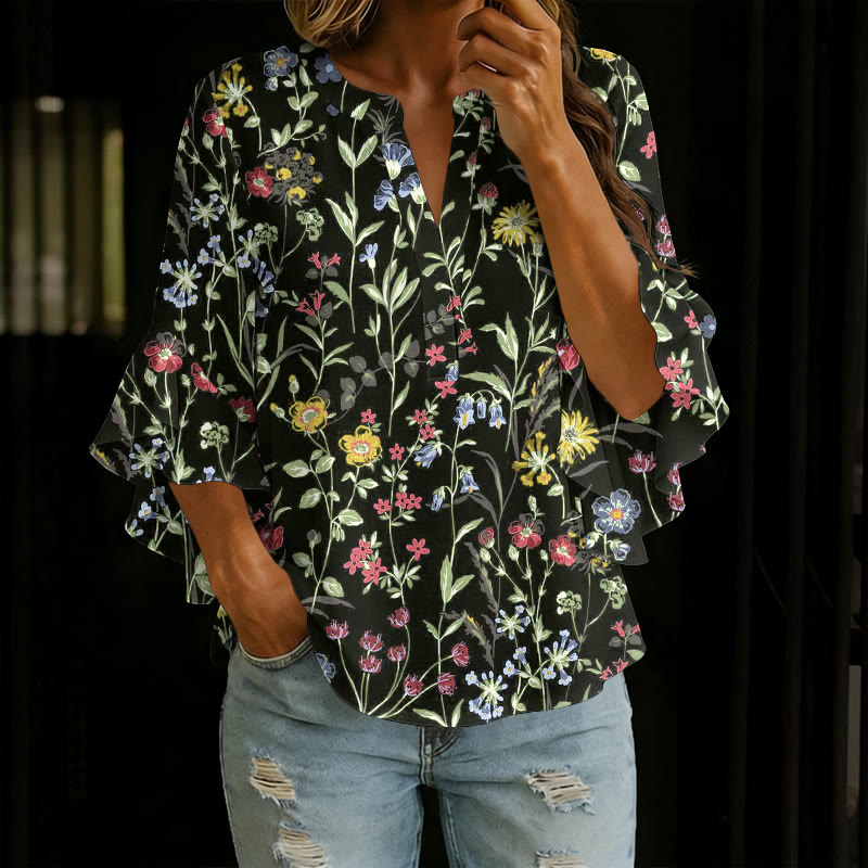  Pastoral Watercolor Flowers And Plants Print V-neck Half Sleeve Blouse - Black - 5XL - image 11