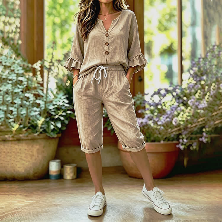 Solid Color Print Button V-neck Ruffle Sleeves Blouse & Pocket Mid Short Set - Apricot - 4XL - image 6