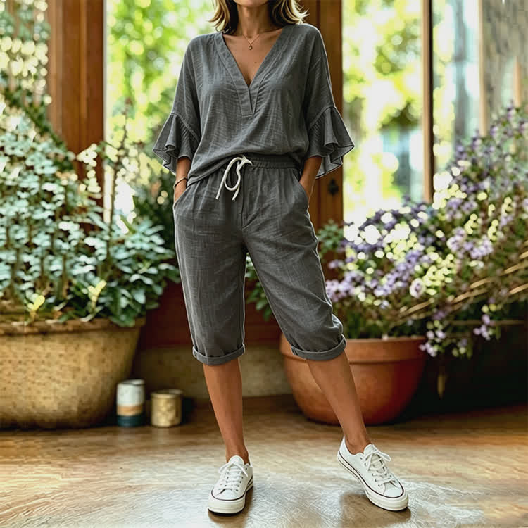 Elegant Solid Texture V-neck Half Sleeve Blouse & Pocket Mid Short Set - Dark Grey - 4XL - image 7