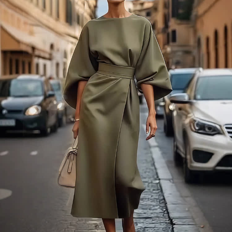 Elegant Solid Demeanor Batwing Sleeves Round-sleeve Dress - Army Green - 3XL - image 3