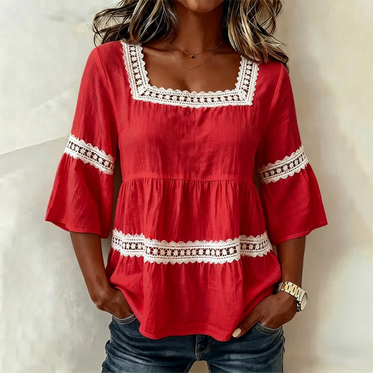 Elegant Solid Lace Splicing Square neck Half-sleeve A-line Blouse - Red - 4XL - image 4