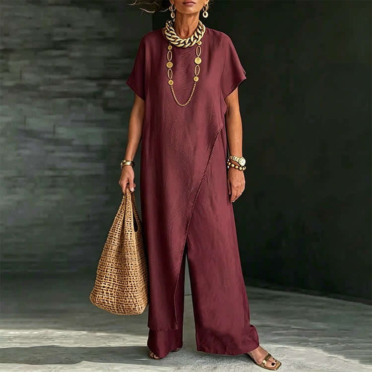 Elegant Solid Round-neck Short Wide-sleeve Blouse & Wide-legs Pants - image 4
