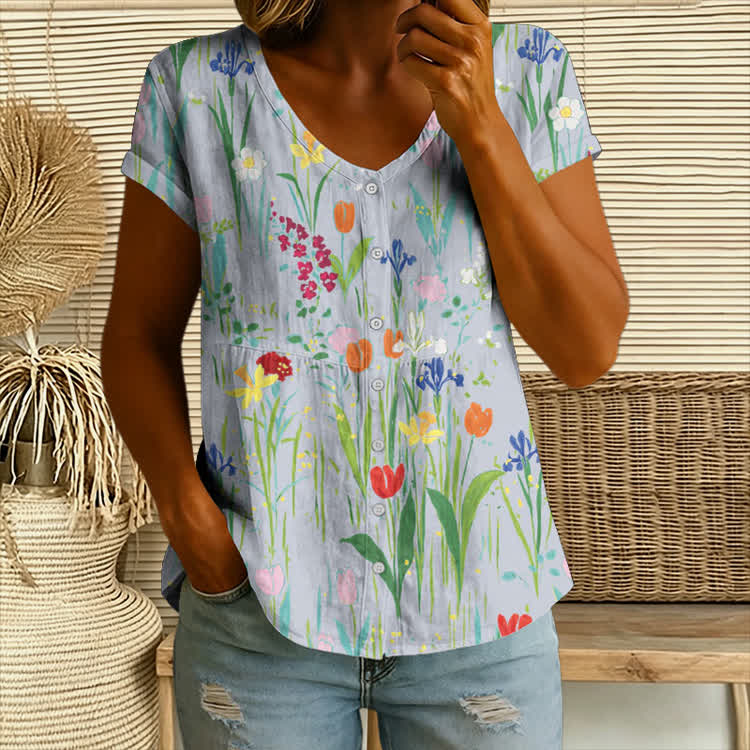 Floral Jacquard Pattern Print Button V-neck A-line Short-sleeve Blouse - Light Blue - 4XL - image 3