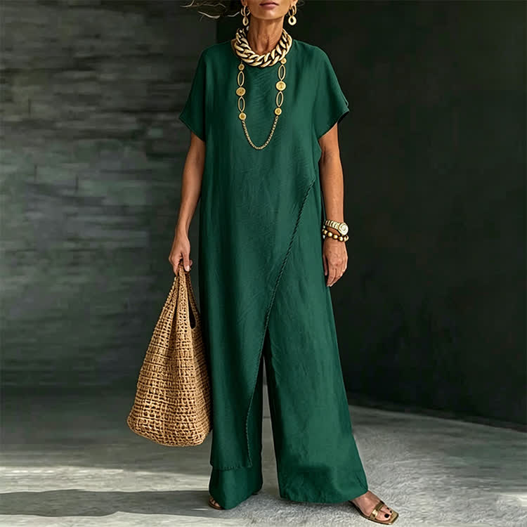 Elegant Solid Round-neck Short Wide-sleeve Blouse & Wide-legs Pants - image 3