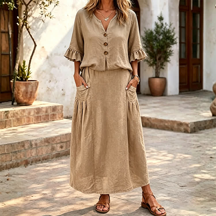 Solid Button V-neck Ruffle Sleeves Blouse & Solid Pocket Skirt Set - Khaki - 4XL - image 3