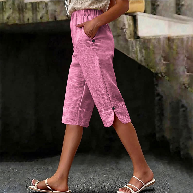 Elegant Solid Cozy Button-slit Hem Casual Pocket Capri Mid Pants  - Pink - 3XL - image 6