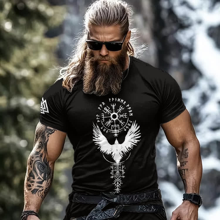 Vintage Viking Tribal Celtic Bird Print Round-neck T-shirt - Black - 8XL - image 3