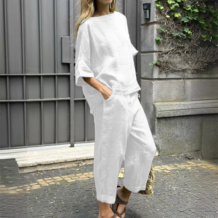 Cozy Solid Round-neck Half Sleeves Blouse & Pants Set - White - 5XL - image 6