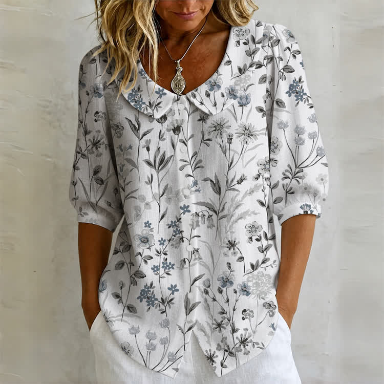 Pastoral Watercolor Flowers And Plants Print Button-up Half-sleeve Peter Pan Collar Blouse - Light Gray - US32-34(5XL) - image 3