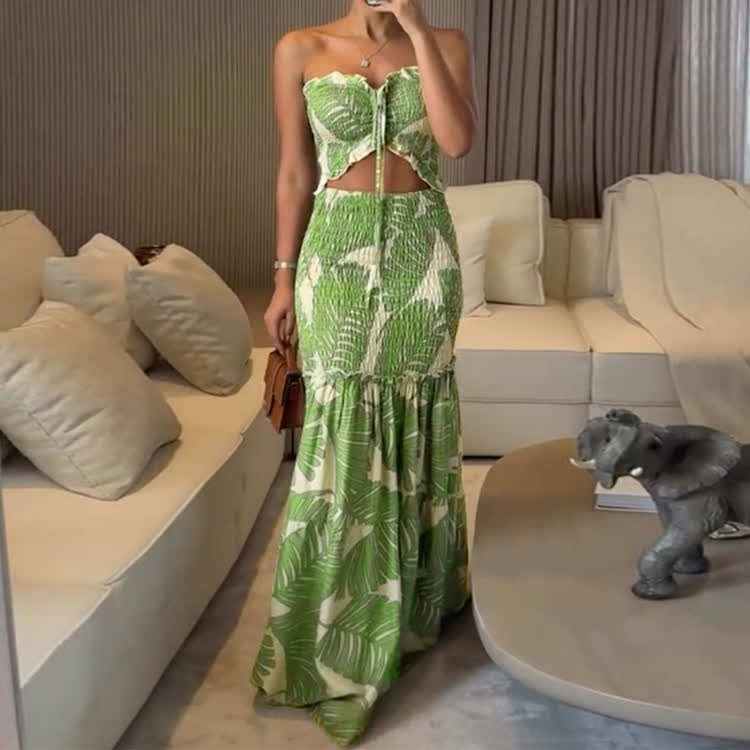 Boho Resort Tropical Palm Leaf Print Smocking Tie-front Strapless Top Mermaid Maxi Dress - Green - 2XL - image 4