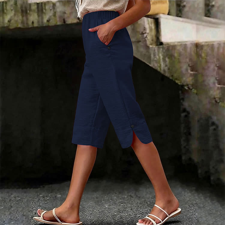 Elegant Solid Cozy Button-slit Hem Casual Pocket Capri Mid Pants  - Navy Blue - 3XL - image 7