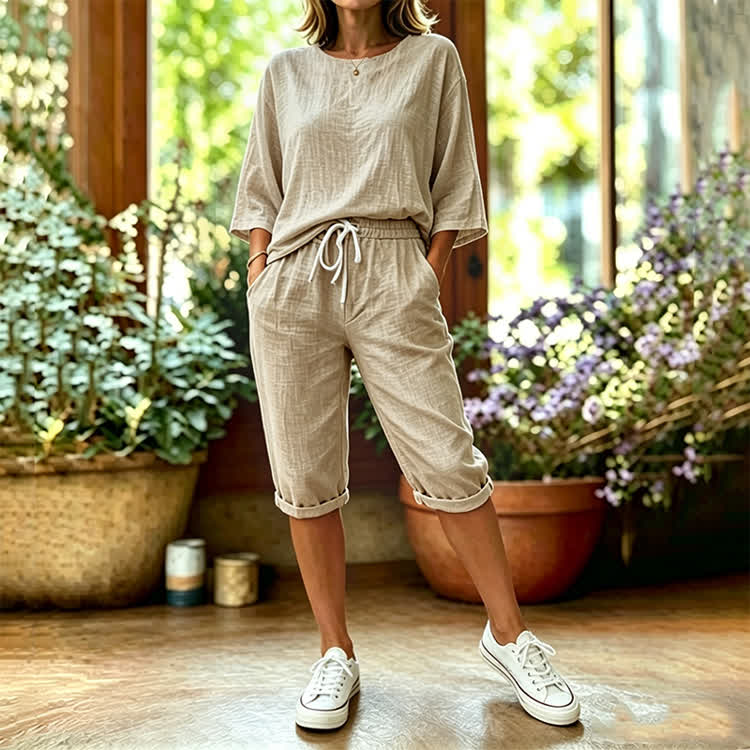 Elegant Solid Print 3/4 Sleeve Casual Blouse & Pocket Mid Short Set - Apricot - 4XL - image 5