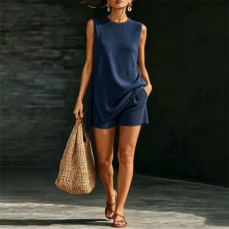 Solid Sleeveless Knit Sweater High Side Slit Top & Short 2 Piece Set - Navy Blue - 3XL - image 9