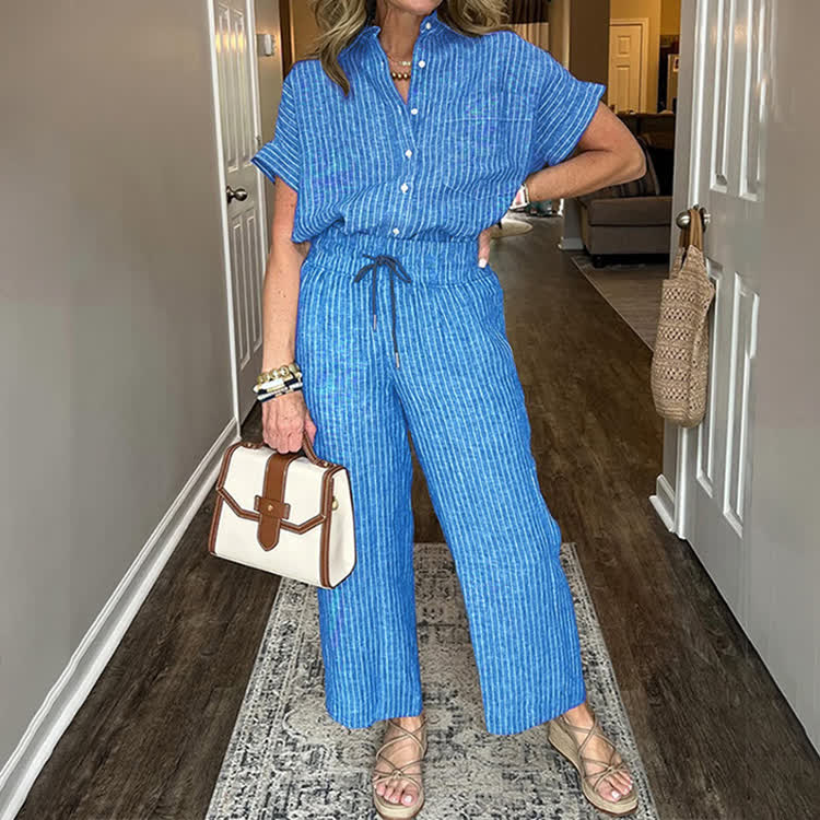 Elegant Striped Print Short-sleeve Shirt & Pants - Blue - 5XL - image 3