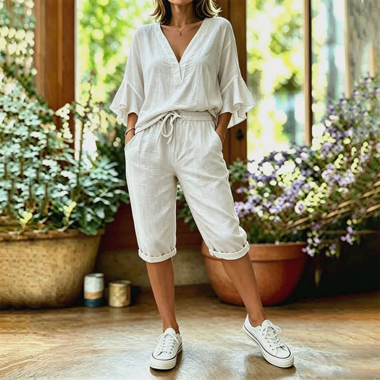 Elegant Solid Texture V-neck Half Sleeve Blouse & Pocket Mid Short Set - White - 4XL - image 5