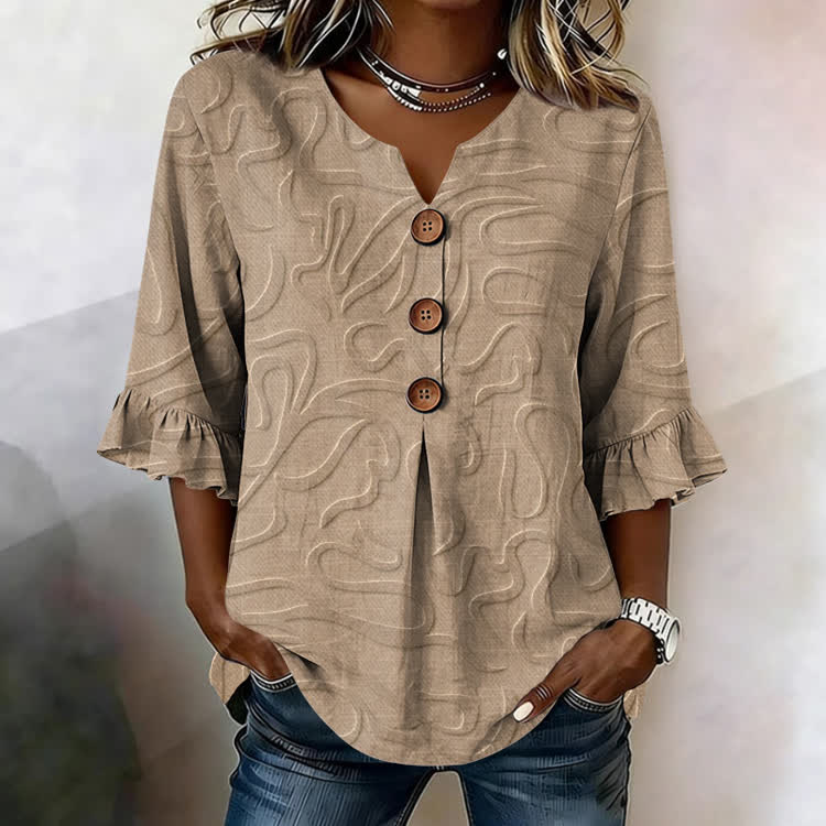 Linear Relief Texture Pattern Print Button V-Neck Blouse With Ruffle Sleeves - Khaki - US32-34(5XL) - image 3