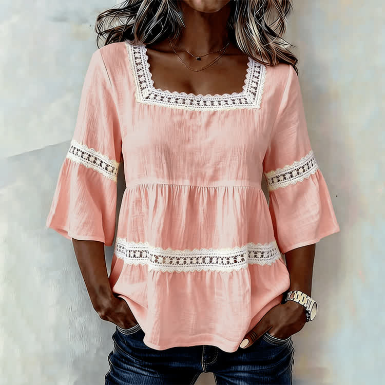 Elegant Solid Lace Splicing Square neck Half-sleeve A-line Blouse - Pink - 4XL - image 5