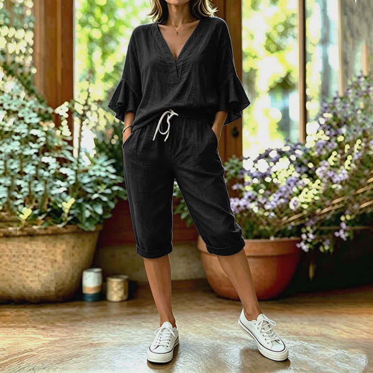 Elegant Solid Texture V-neck Half Sleeve Blouse & Pocket Mid Short Set - Black - 4XL - image 6