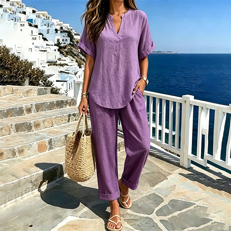 Solid Color Short Sleeve Casual Blouse & Solid Pants Set - Purple - 5XL - image 8