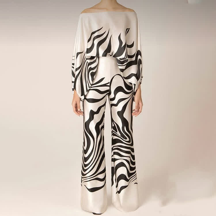 Fashion Tie-dye Stripe Gradient Cold Shoulder Batwing Sleeves Tops & Wide Leg Pants Set - Black - 3XL - image 5