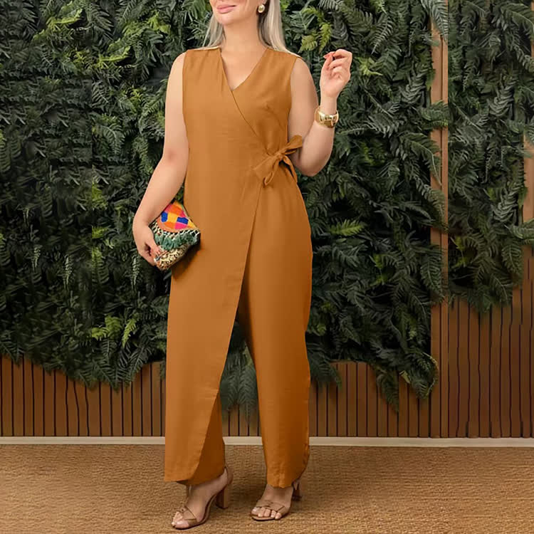 Elegant Solid Overlapping Straps V-neck Sleeveless Jumpsuit - Brown - 5XL - image 6