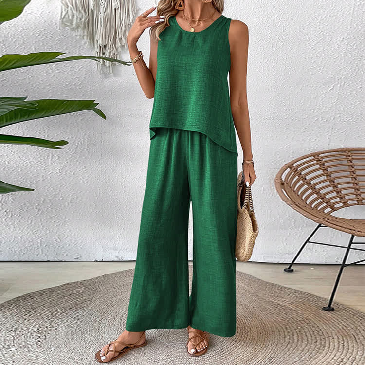 Boho Solid Woven Lace Round-neck Sleeveless Top & Pants Set - Dark Green - 2XL - image 5