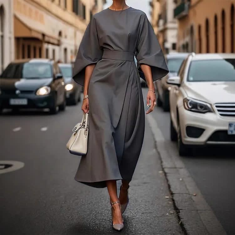 Elegant Solid Demeanor Batwing Sleeves Round-sleeve Dress - Dark Grey - 3XL - image 5