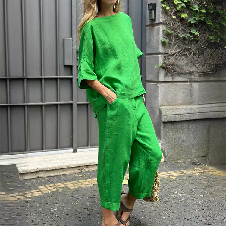 Cozy Solid Round-neck Half Sleeves Blouse & Pants Set - Green - 5XL - image 7