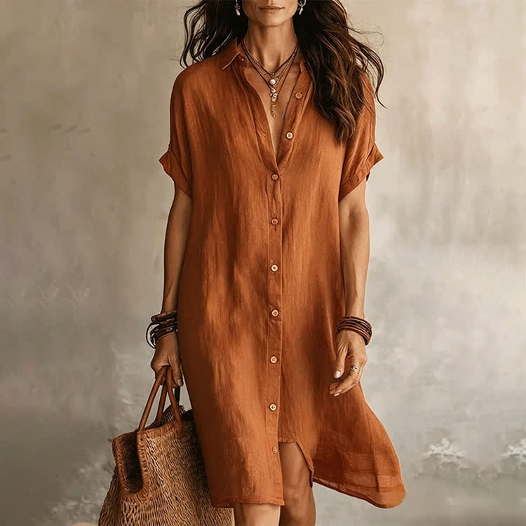Solid Texture Lapel Short-sleevebutton-front Shirt Midi Dress - Caramel - 2XL - image 3