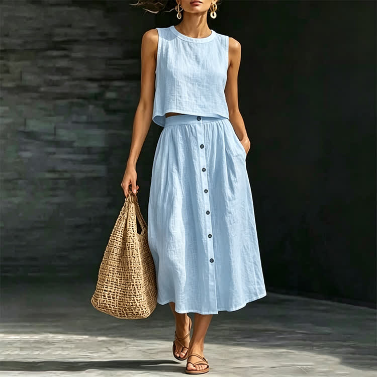 Elegant Solid Small Round Neck Sleeveless Top & Buttons A-line Mid Skirt Set - Light Blue - 2XL - image 3