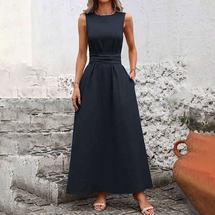 Elegant Solid Waist Tie Sleeveless Round-sleeve Maxi Dress - Navy Blue - 2XL - image 5