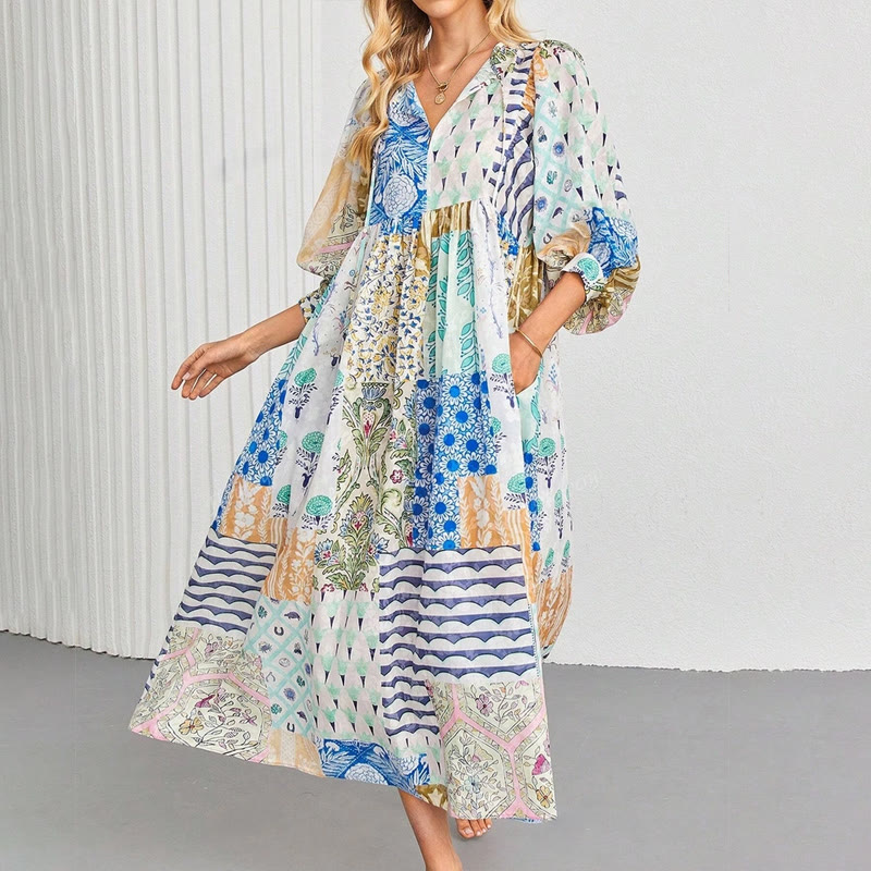 Boho Ethnic Patchwork Patterns Lace-up V-neck Lantern Sleeves Maxi Dress - Light Blue - 2XL - image 4