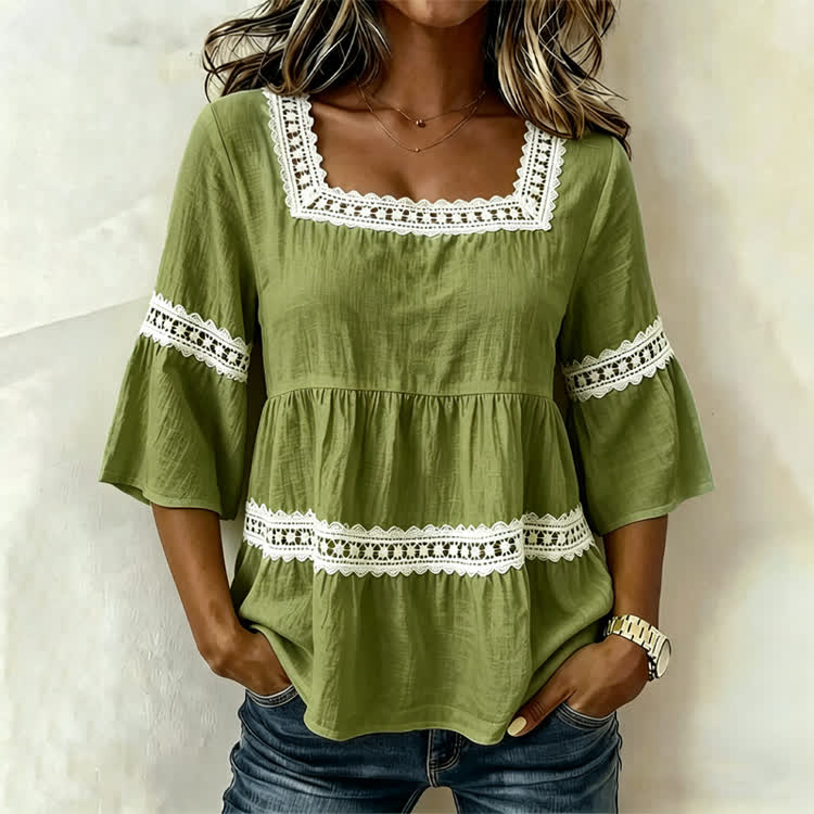 Elegant Solid Lace Splicing Square neck Half-sleeve A-line Blouse - Army Green - 4XL - image 9