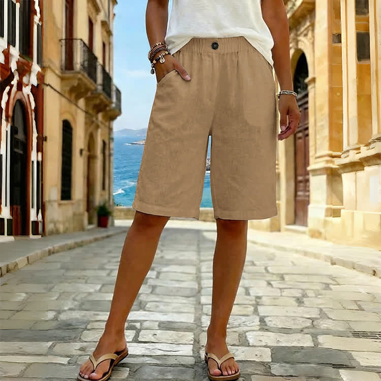 Casual Solid Pocket Mid Short Pants - Khaki - 3XL - image 3