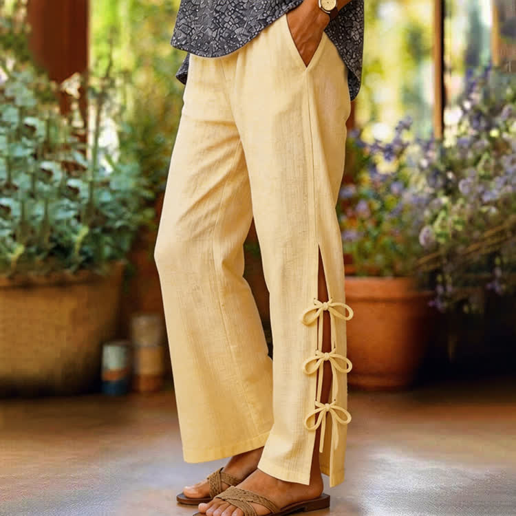Elegant Solid Cozy Slit Lacing Casual Pocket Pants  - Khaki - 2XL - image 5