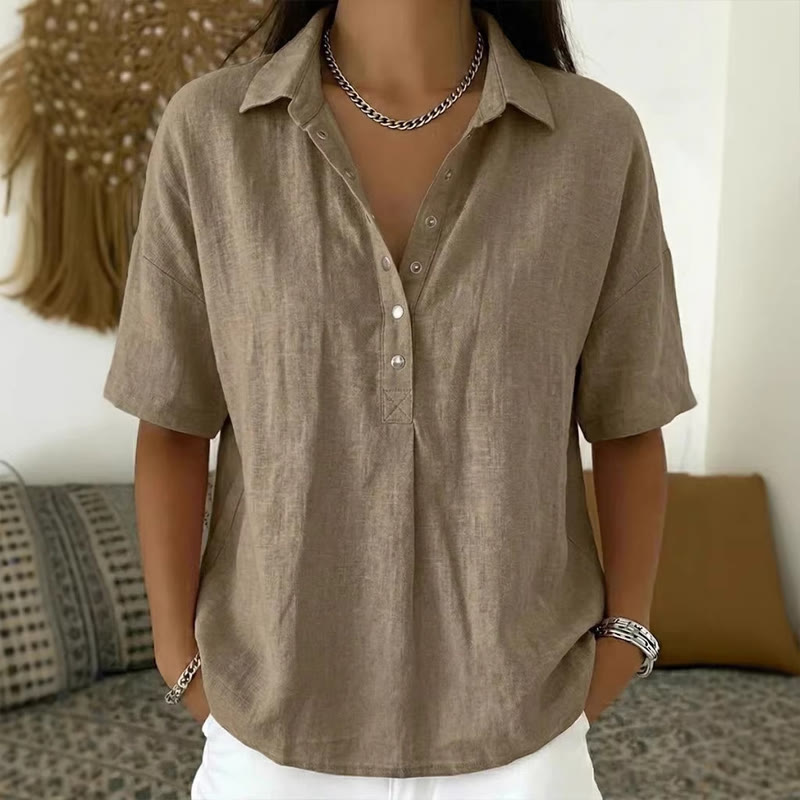 Simple Cozy Solid-color Button-up Short-sleeve Polo Blouse - Khaki - 3XL - image 4
