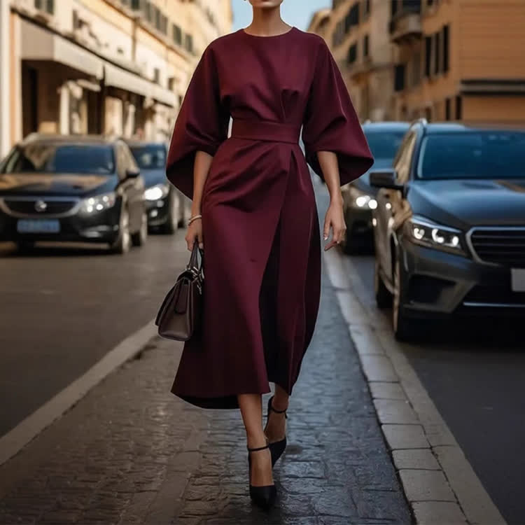 Elegant Solid Demeanor Batwing Sleeves Round-sleeve Dress - Wine - 3XL - image 7