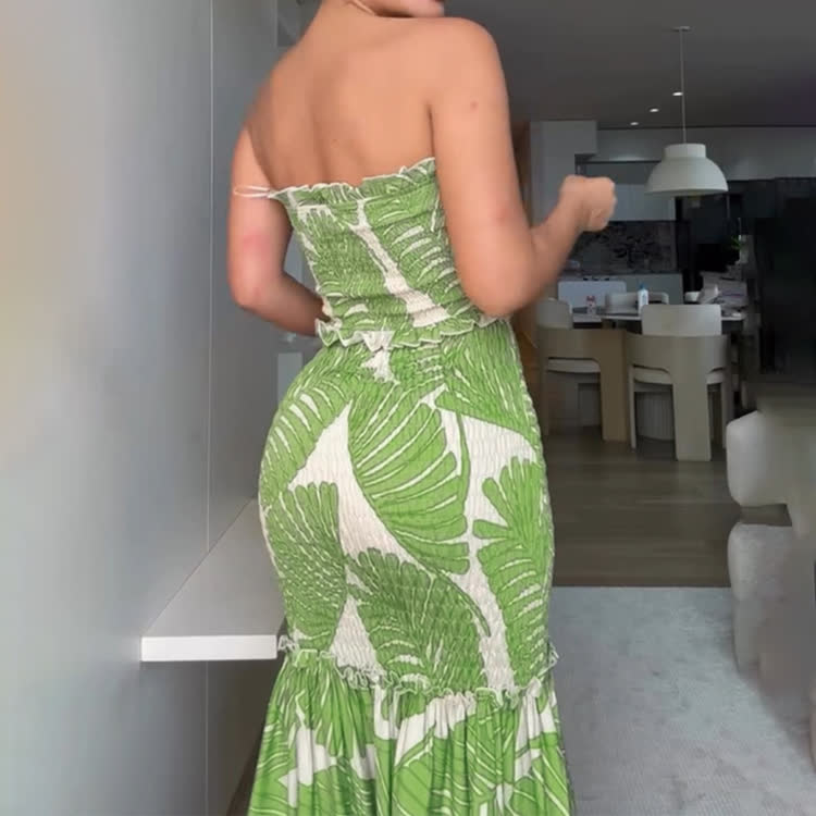 Boho Resort Tropical Palm Leaf Print Smocking Tie-front Strapless Top Mermaid Maxi Dress - image 8