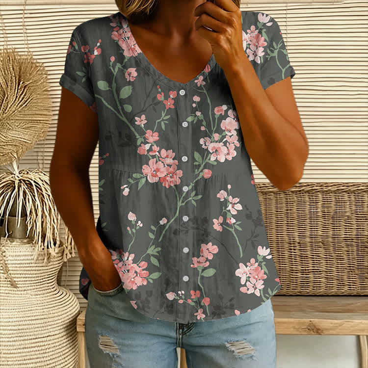 Watercolor Spring Plum Blossoms Pattern Print Button V-Neck A-line Short-Sleeve Blouse - Dark Grey - 4XL - image 3