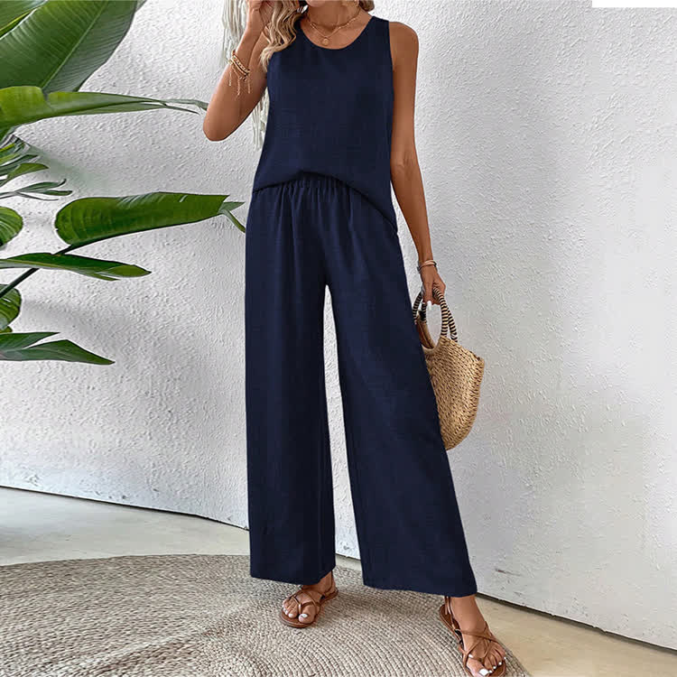Boho Solid Woven Lace Round-neck Sleeveless Top & Pants Set - Dark Blue - 2XL - image 3