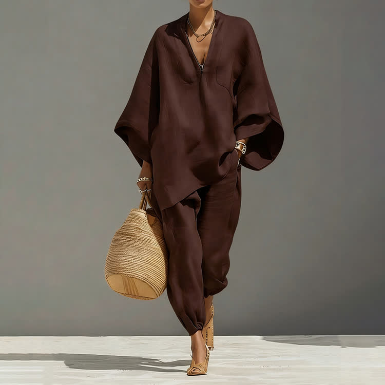 Elegant Solid V-neck Long-sleeve Loose Blouse & Bloomers Pants - Coffee - 3XL - image 11
