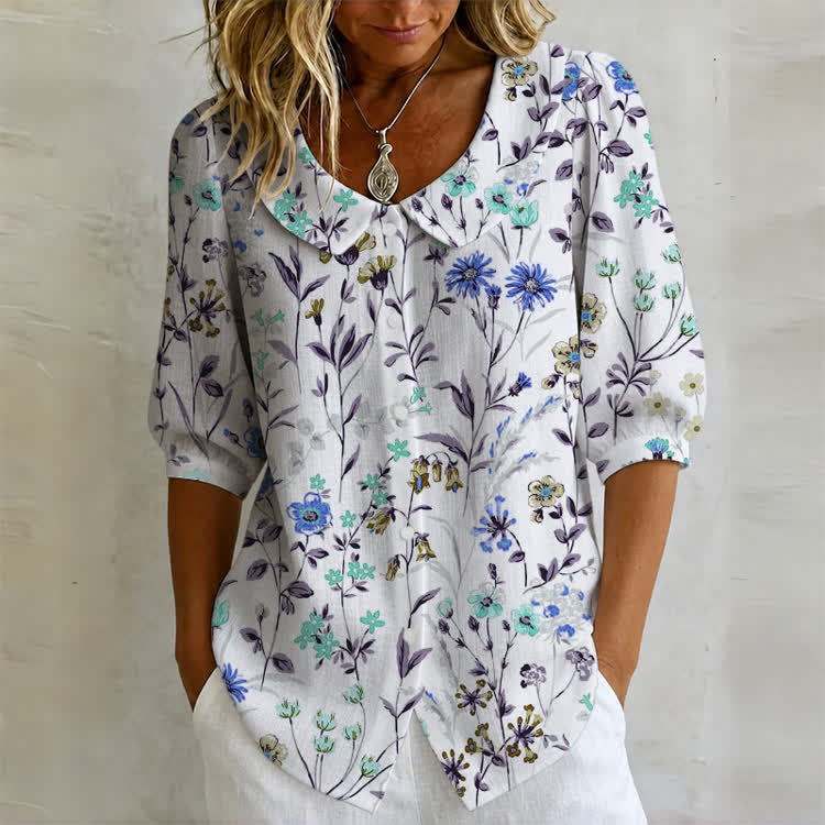 Pastoral Watercolor Flowers And Plants Print Button-up Half-sleeve Peter Pan Collar Blouse - Blue - US32-34(5XL) - image 5