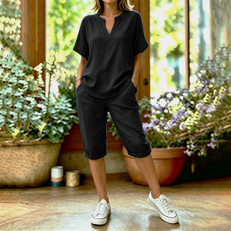 Solid Color Short Sleeve Casual Blouse & Pocket Mid Short Set - Black - 4XL - image 9