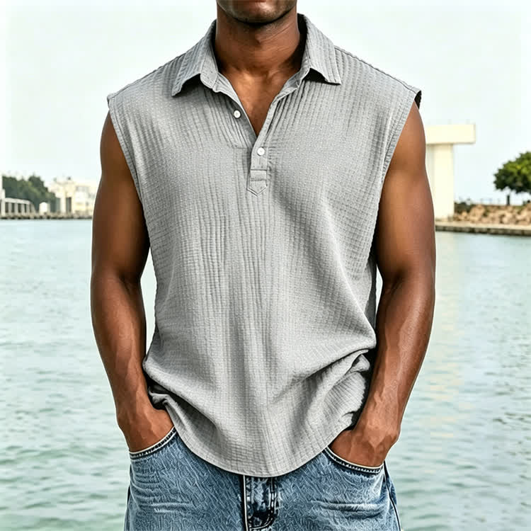 Cozy Solid Texture Sleeveless Button Polo Shirt - Grey - 4XL - image 6