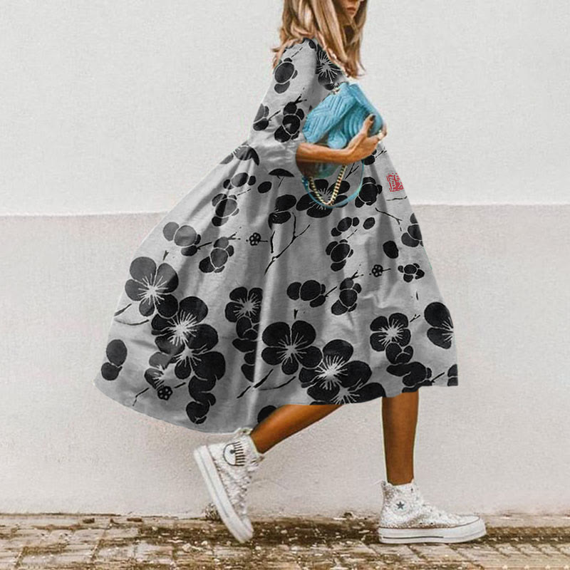 Cherry Blossom Japanese Lino Art Vintage Print Dress - Grey - 5XL - image 4