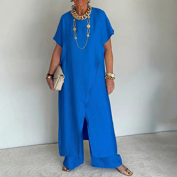 Elegant Solid Round-neck Short Wide-sleeve Blouse & Wide-legs Pants - Royal Blue - 3XL - image 11