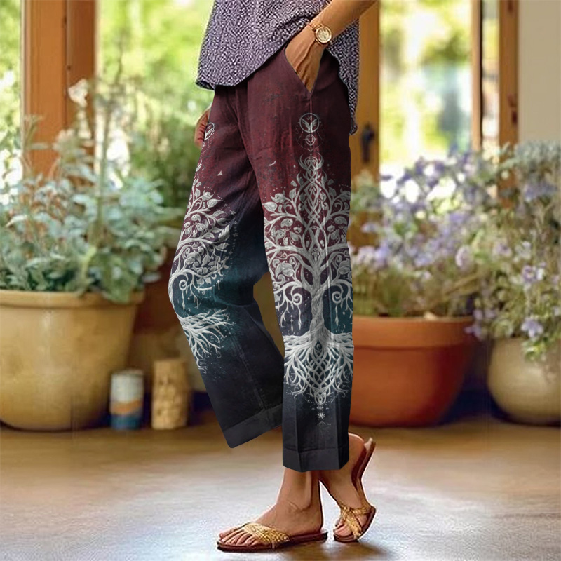 Boho Tree Of Life Print Casual Pocket Pants  - Wine - 5XL - image 1