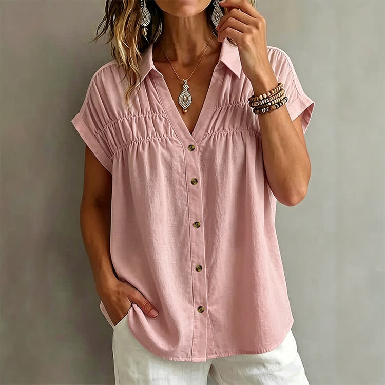 Women's Casual Solid V-neck Button-up Short-sleeve Blouse - Pink - 2XL - image 3