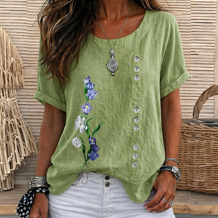 Casual Tulip Art Print Short Sleeve Blouse - Green - 5XL - image 6