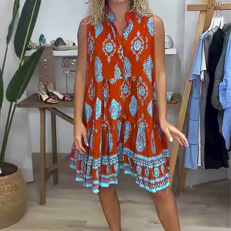 Boho Ethnic Print V-neck Split And Splice A-line Mid Dress - image 6